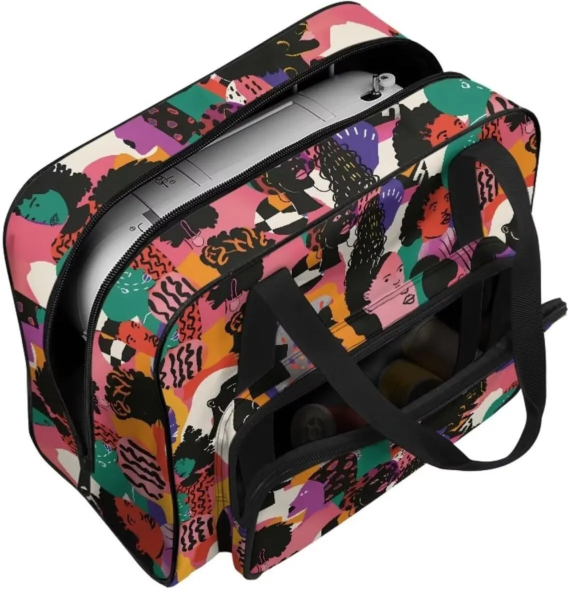 Abstract Art Face Print Sewing Machine Case Universal Travel Tote Organizer for Sewing Machine and Accessories with Comfortable Handle and Front Pocket