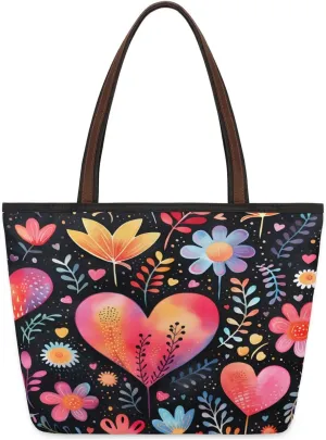 Abstract Love Plant Flowers Tote Bag Tote for Women Zipper Womens Handbags Tote Bag for Work Shopping Travel