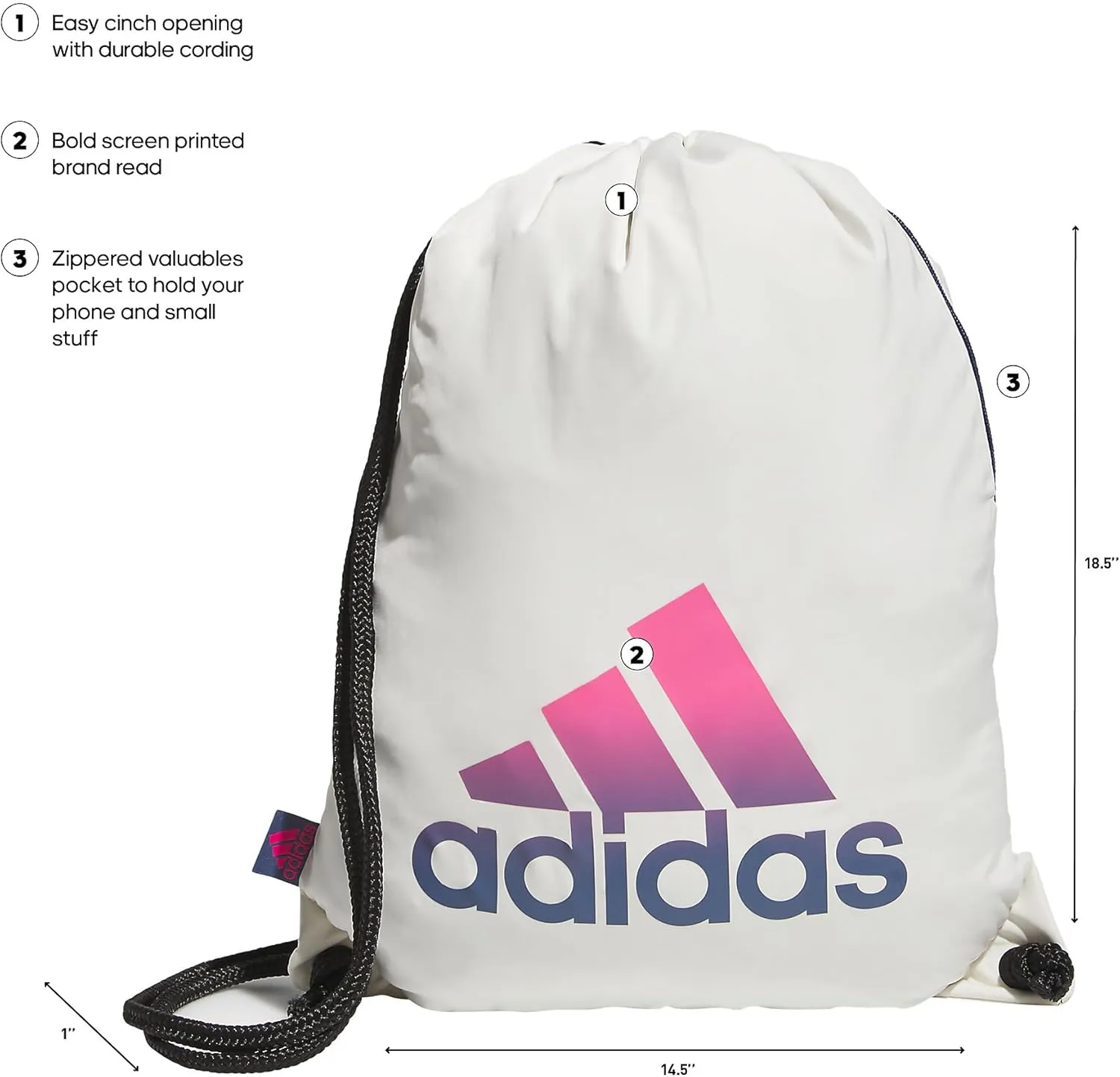adidas Ready Sackpack, Drawstring Backpack for Women and Men, Lightweight Small Gym Bag, Off White/Pulse Magenta Pink/Preloved Ink Blue, One Size