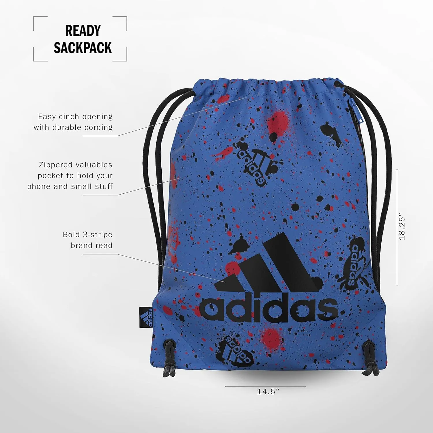 adidas Ready Sackpack, Drawstring Backpack for Women and Men, Lightweight Small Gym Bag, Splatter Bright Royal/Black, One Size