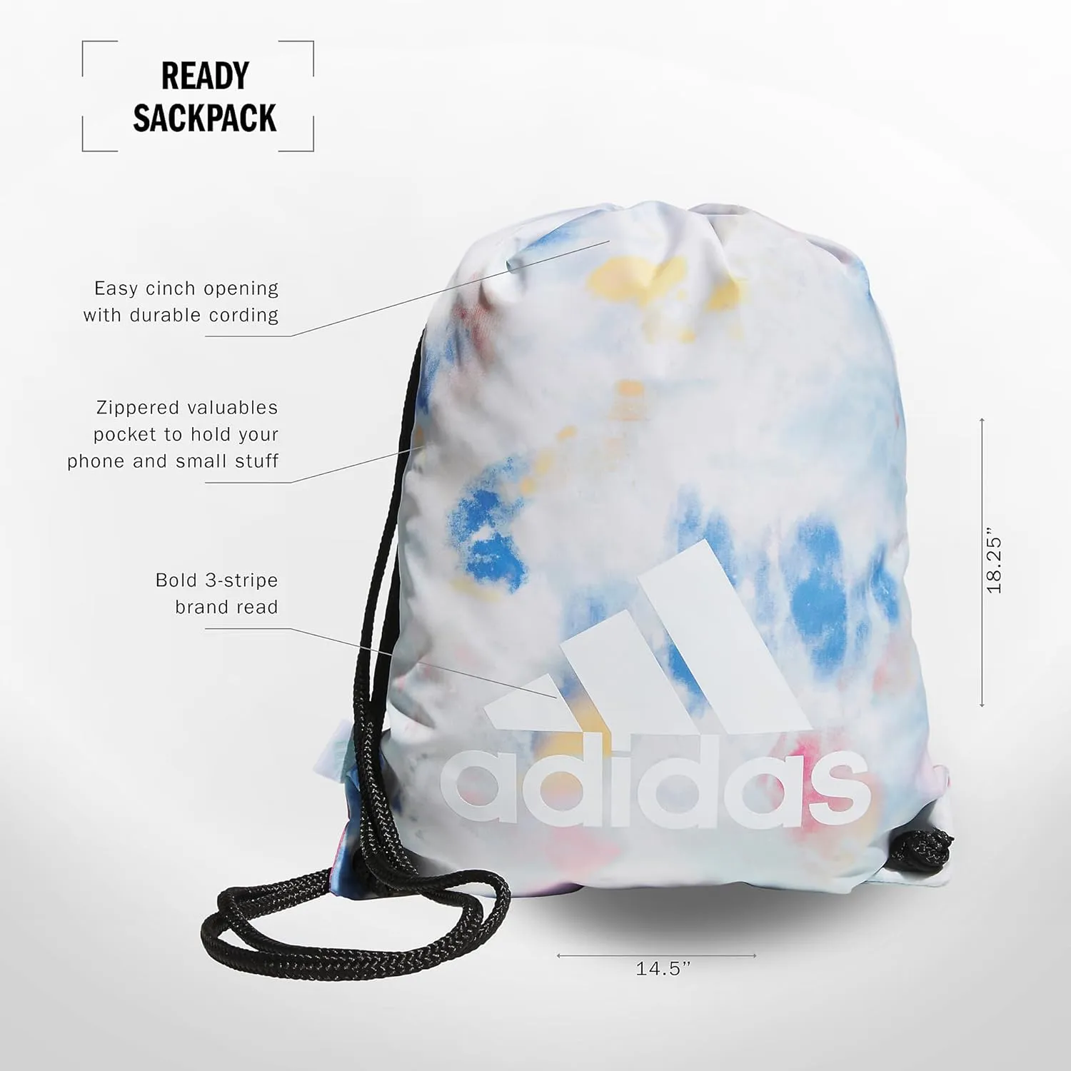 adidas Ready Sackpack, Drawstring Backpack for Women and Men, Lightweight Small Gym Bag, Tie Dye Wash Halo Mint Green/White/Black, One Size
