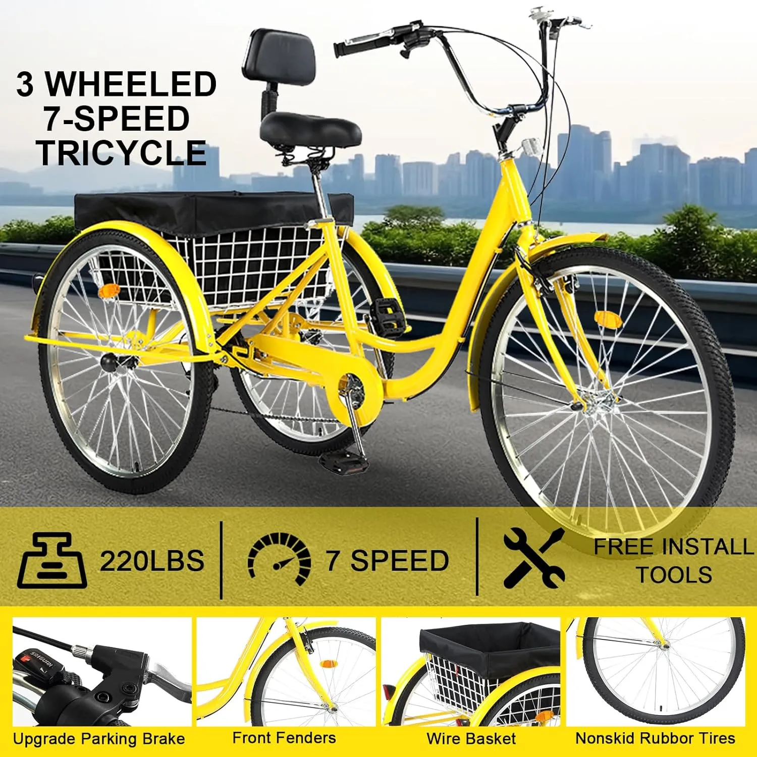 Adult Tricycle 24/26inch 7 Speed, 3 Wheel Mountain Trikes, Three Wheeled Bikes with Basket & Backrest Seat for Seniors, Women, Men, Multiple Colors
