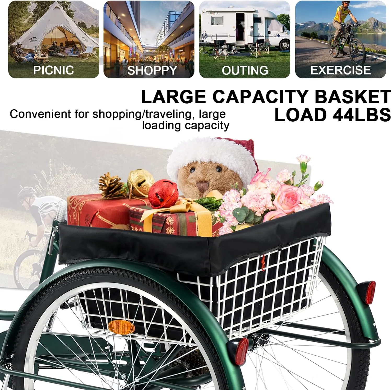 Adult Tricycle 24/26inch 7 Speed, 3 Wheel Mountain Trikes, Three Wheeled Bikes with Basket & Backrest Seat for Seniors, Women, Men, Multiple Colors