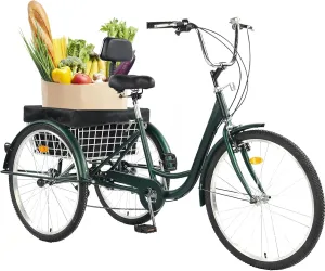 Adult Tricycle 24/26inch 7 Speed, 3 Wheel Mountain Trikes, Three Wheeled Bikes with Basket & Backrest Seat for Seniors, Women, Men, Multiple Colors