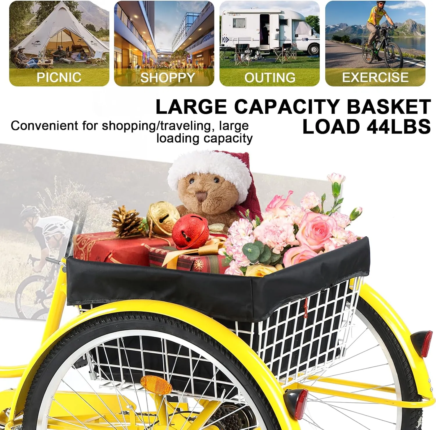 Adult Tricycle 24/26inch 7 Speed, 3 Wheel Mountain Trikes, Three Wheeled Bikes with Basket & Backrest Seat for Seniors, Women, Men, Multiple Colors