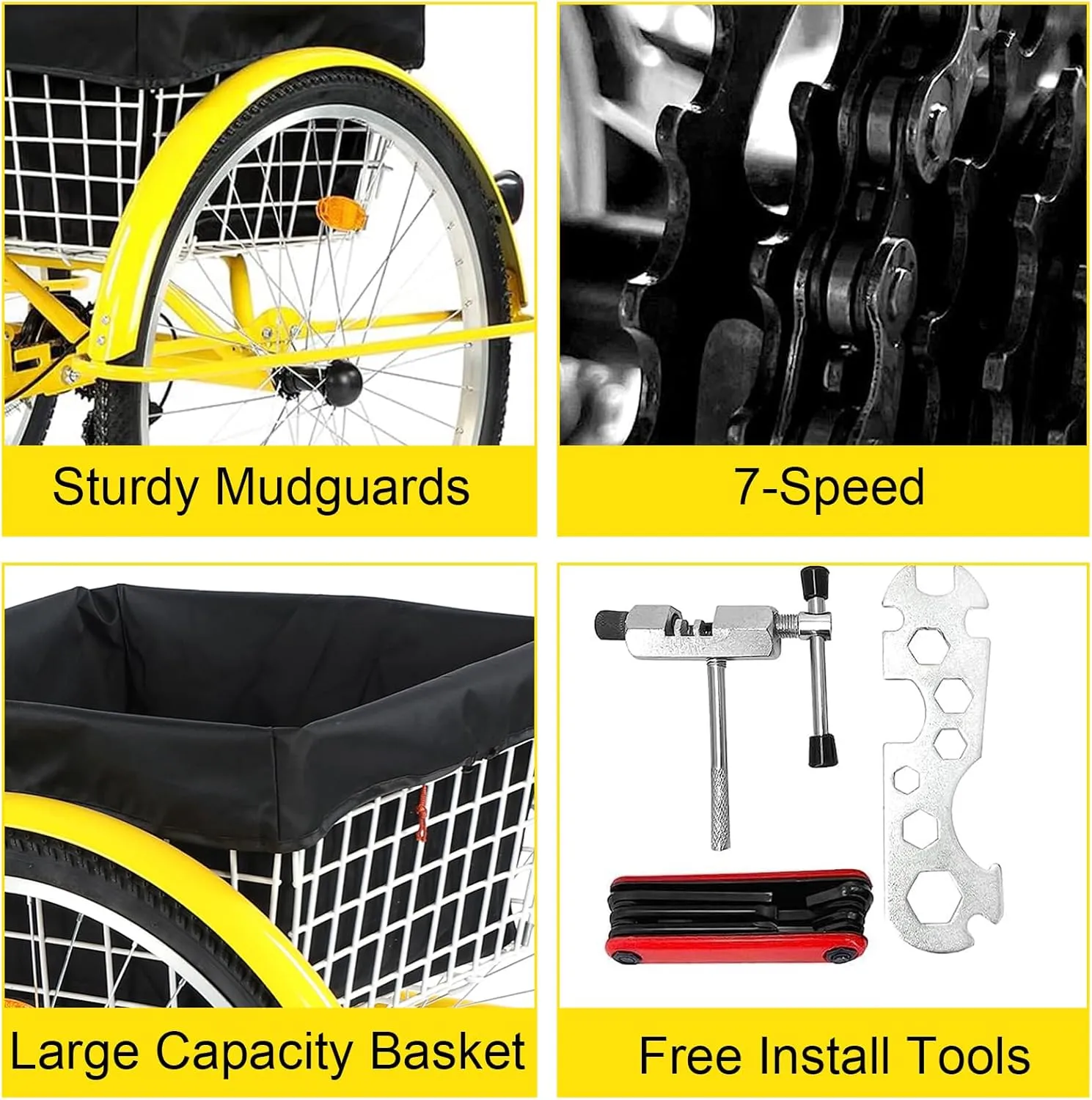 Adult Tricycle 24/26inch 7 Speed, 3 Wheel Mountain Trikes, Three Wheeled Bikes with Basket & Backrest Seat for Seniors, Women, Men, Multiple Colors