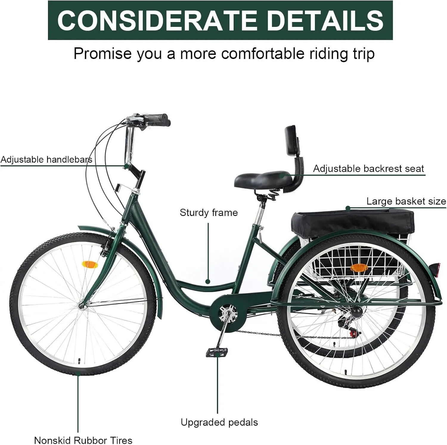 Adult Tricycle 24/26inch 7 Speed, 3 Wheel Mountain Trikes, Three Wheeled Bikes with Basket & Backrest Seat for Seniors, Women, Men, Multiple Colors