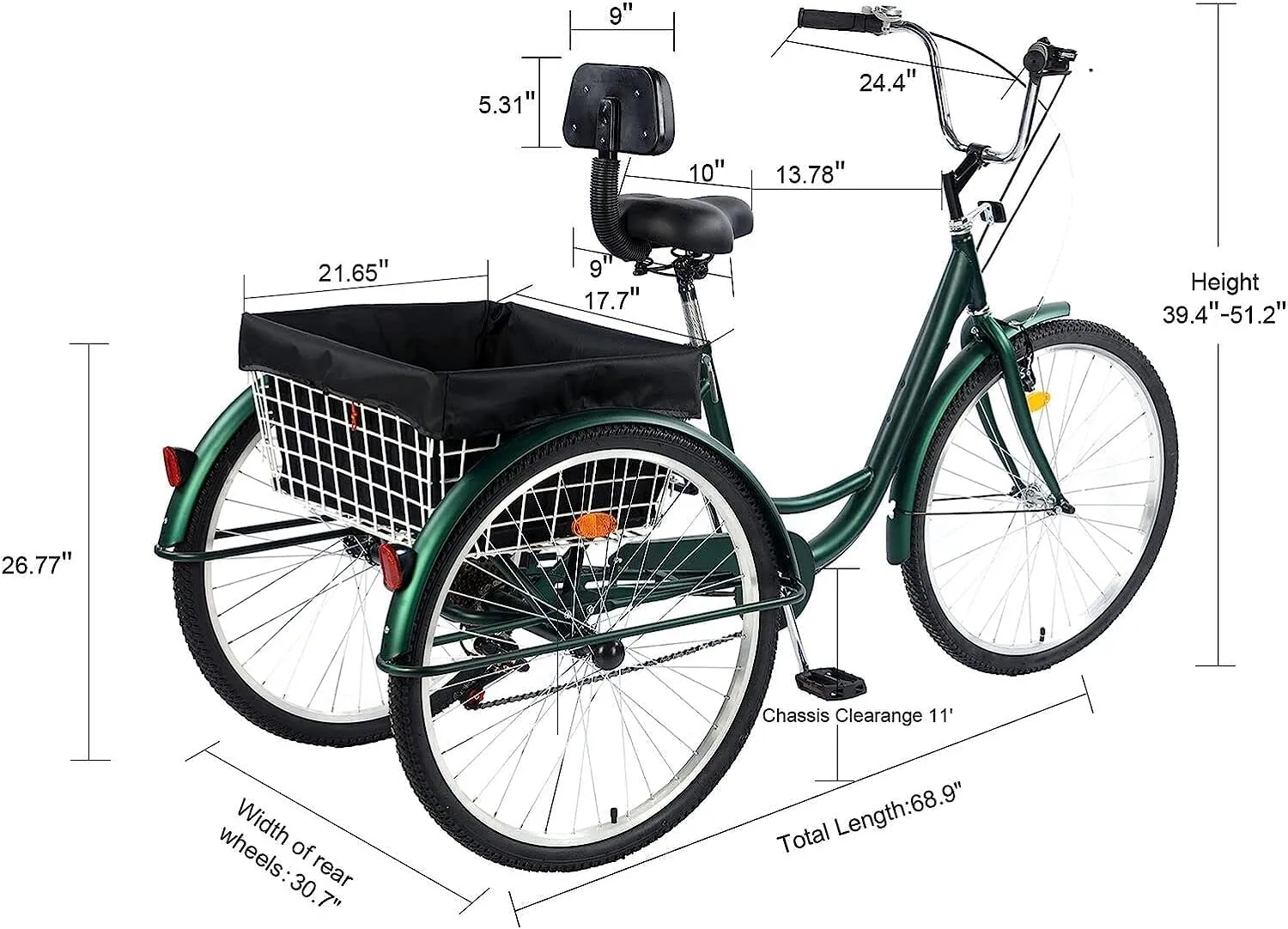 Adult Tricycle 24/26inch 7 Speed, 3 Wheel Mountain Trikes, Three Wheeled Bikes with Basket & Backrest Seat for Seniors, Women, Men, Multiple Colors