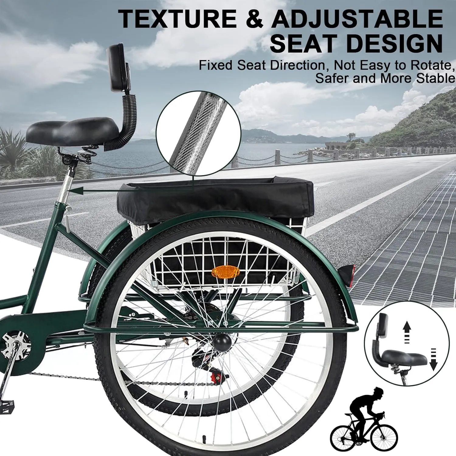 Adult Tricycle 24/26inch 7 Speed, 3 Wheel Mountain Trikes, Three Wheeled Bikes with Basket & Backrest Seat for Seniors, Women, Men, Multiple Colors