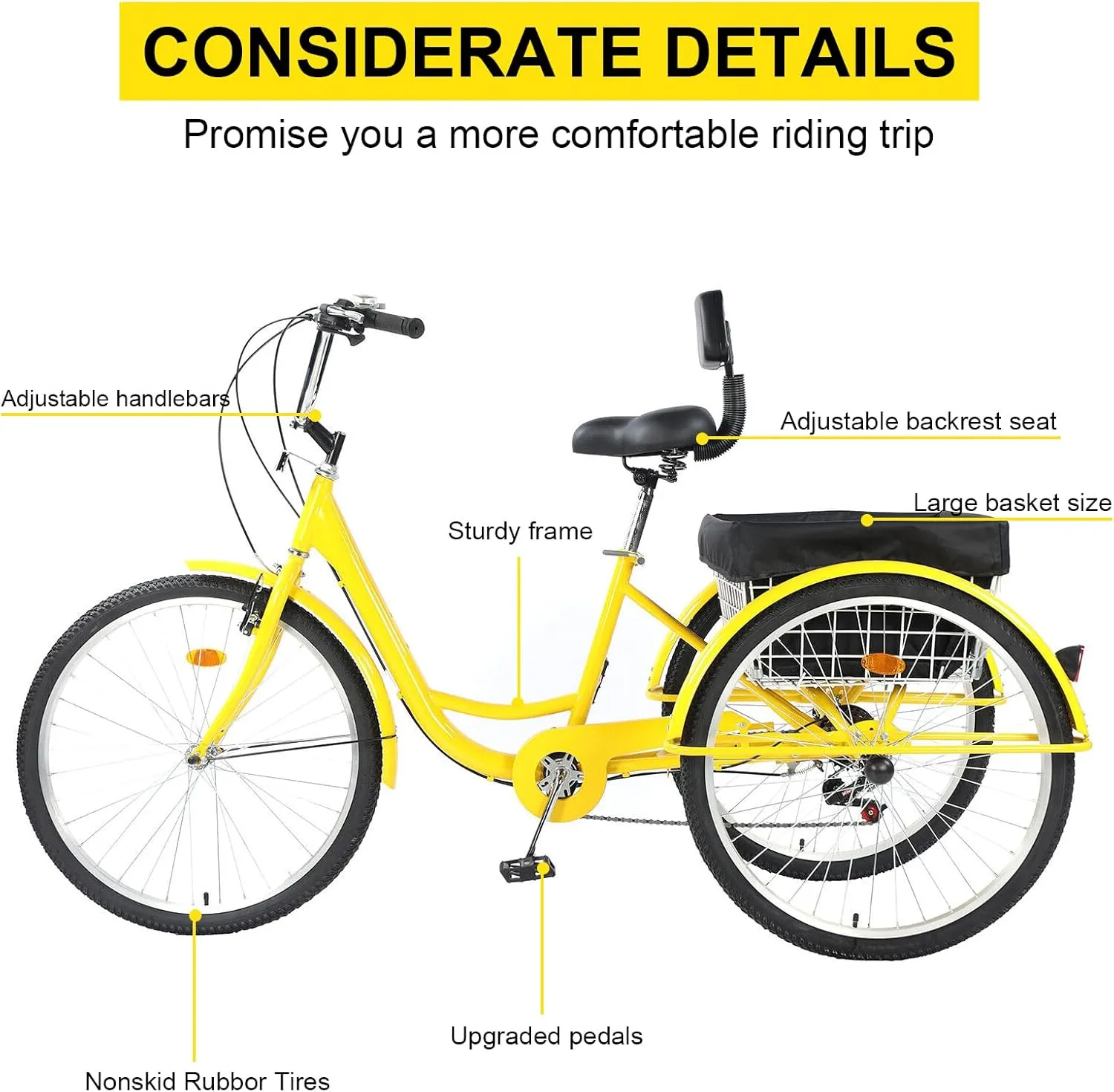 Adult Tricycle 24/26inch 7 Speed, 3 Wheel Mountain Trikes, Three Wheeled Bikes with Basket & Backrest Seat for Seniors, Women, Men, Multiple Colors