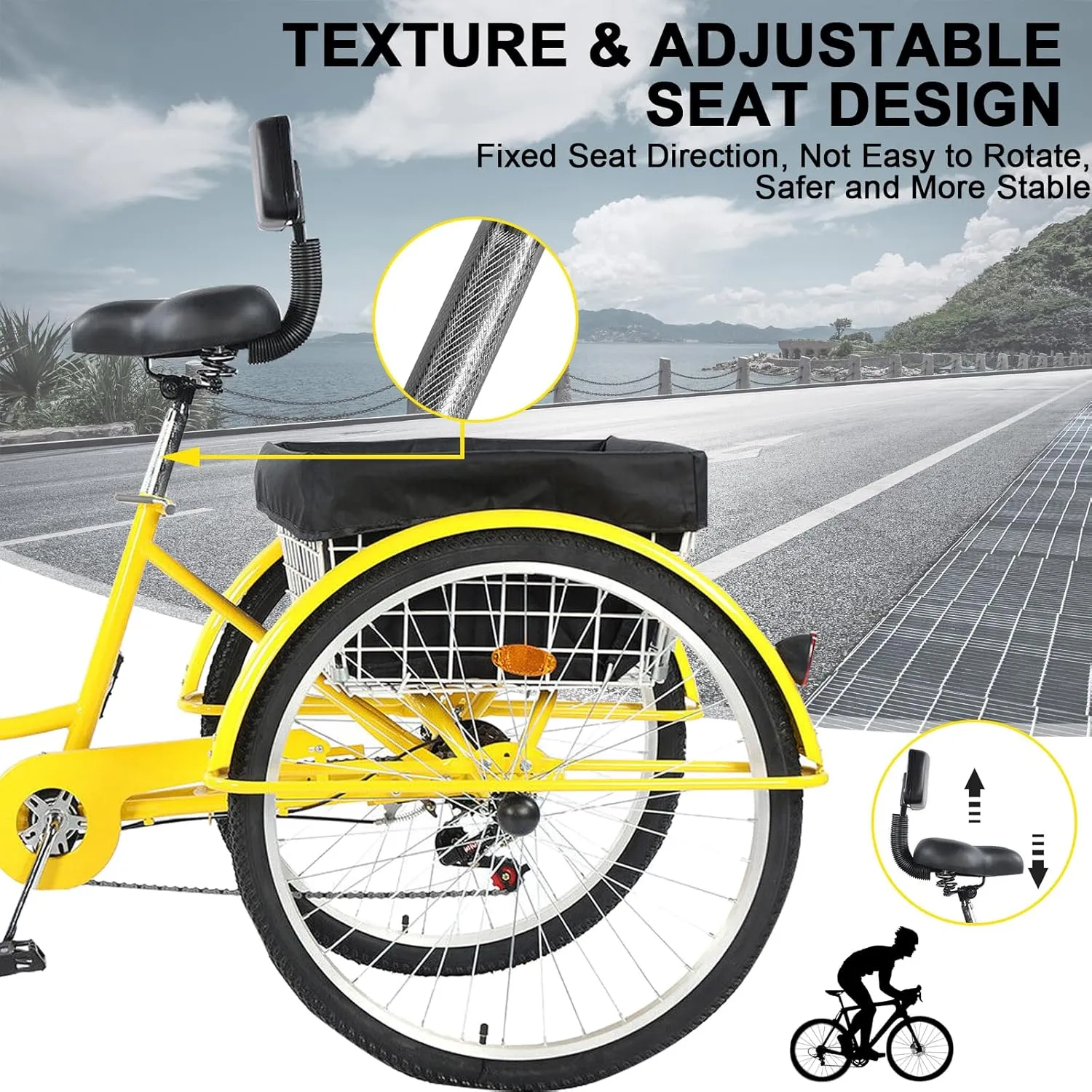 Adult Tricycle 24/26inch 7 Speed, 3 Wheel Mountain Trikes, Three Wheeled Bikes with Basket & Backrest Seat for Seniors, Women, Men, Multiple Colors