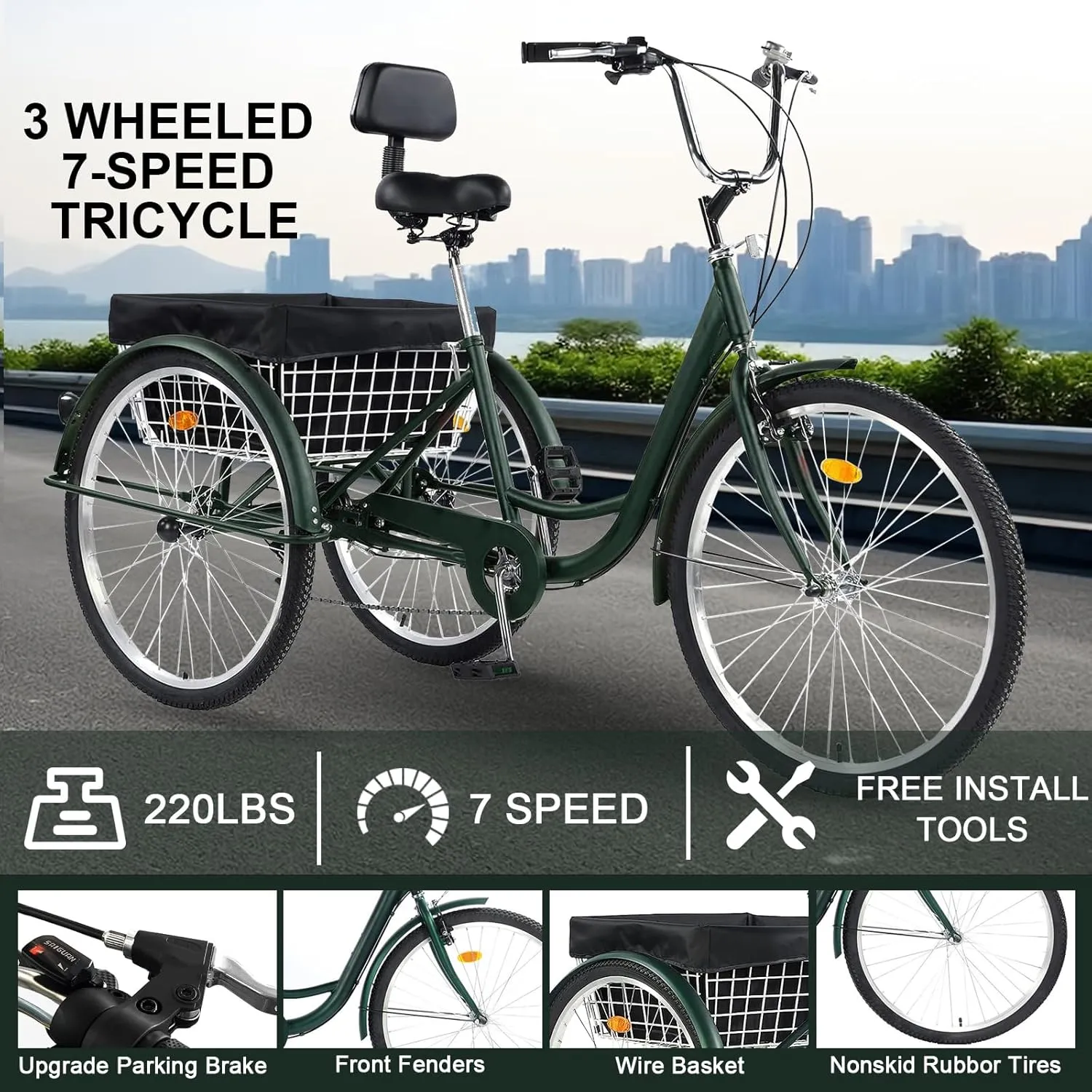 Adult Tricycle 24/26inch 7 Speed, 3 Wheel Mountain Trikes, Three Wheeled Bikes with Basket & Backrest Seat for Seniors, Women, Men, Multiple Colors