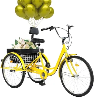Adult Tricycle 24/26inch 7 Speed, 3 Wheel Mountain Trikes, Three Wheeled Bikes with Basket & Backrest Seat for Seniors, Women, Men, Multiple Colors