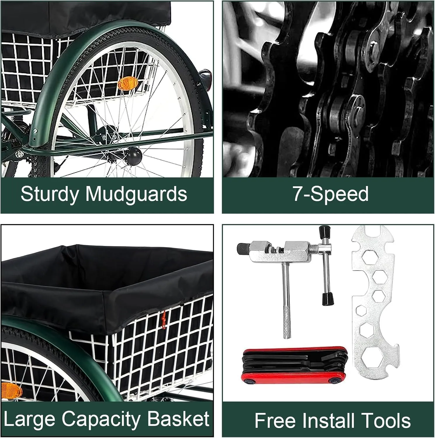 Adult Tricycle 24/26inch 7 Speed, 3 Wheel Mountain Trikes, Three Wheeled Bikes with Basket & Backrest Seat for Seniors, Women, Men, Multiple Colors
