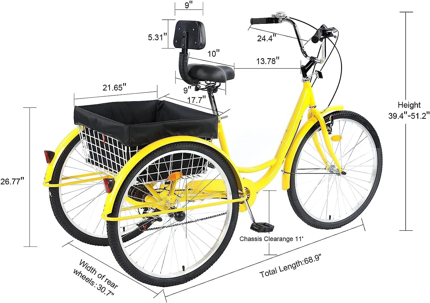 Adult Tricycle 24/26inch 7 Speed, 3 Wheel Mountain Trikes, Three Wheeled Bikes with Basket & Backrest Seat for Seniors, Women, Men, Multiple Colors