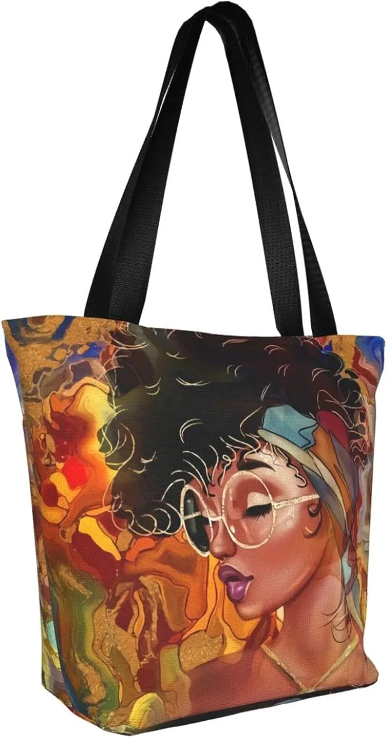 African American Woman Tote Bag Black Girl Shoulder Bag Afro Handbag Beach Bag for Adults Students Office Travel