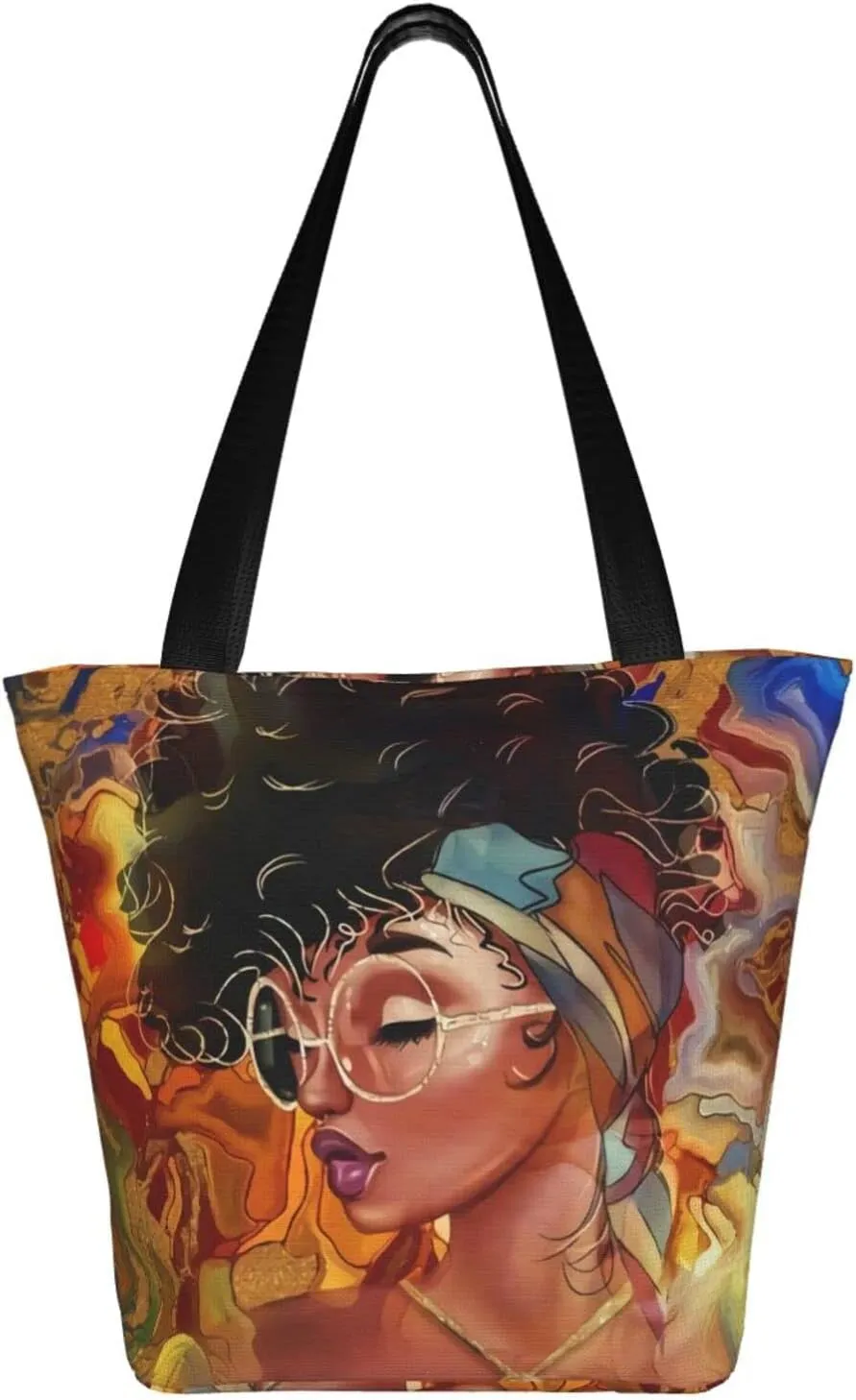 African American Woman Tote Bag Black Girl Shoulder Bag Afro Handbag Beach Bag for Adults Students Office Travel