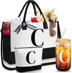 Aliceset Initial Gifts for Women Canvas Tote Bag Mother's Day Gift Shoulder Strap Pouch Makeup Bag Glass Cups for Employee(Letter C)