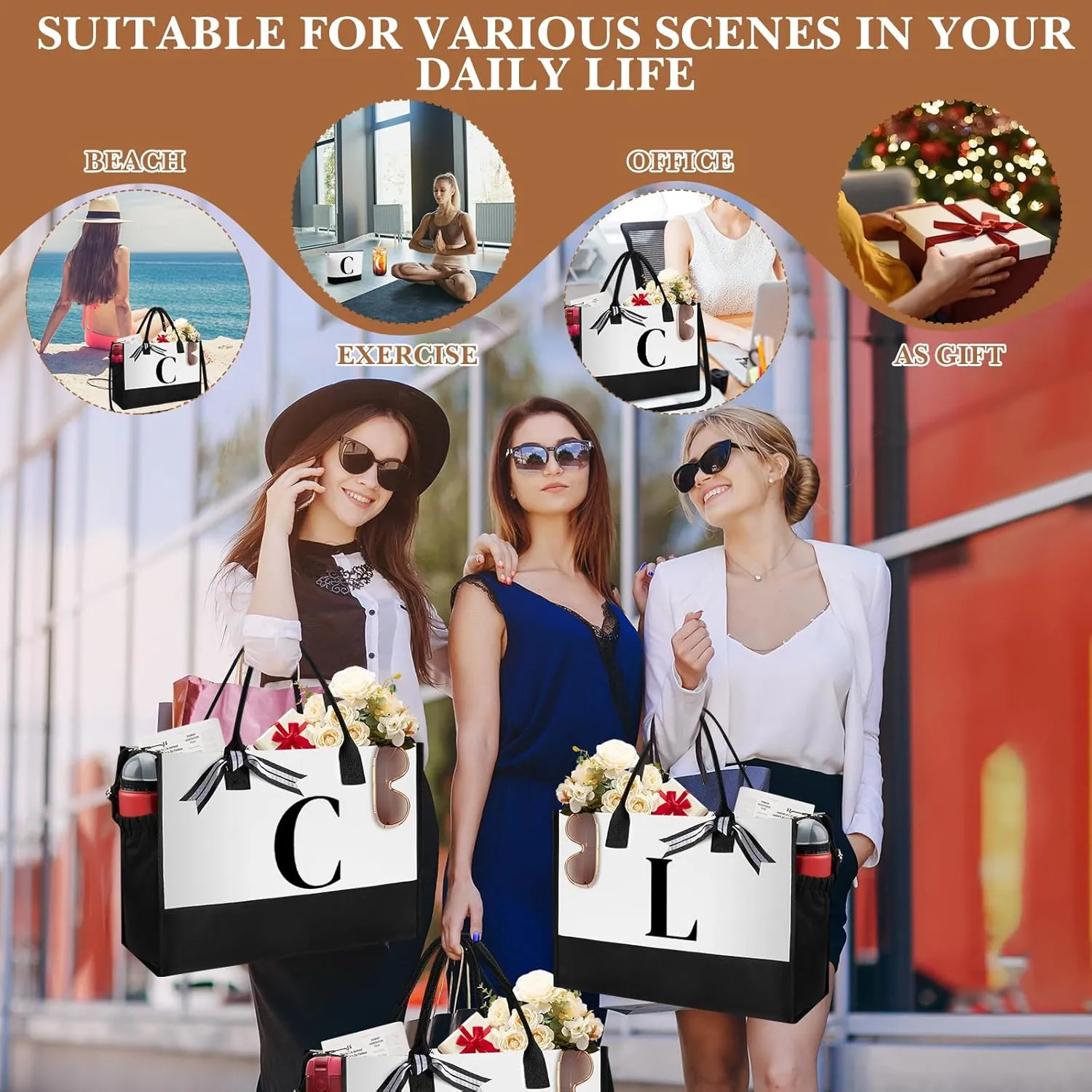 Aliceset Initial Gifts for Women Canvas Tote Bag Mother's Day Gift Shoulder Strap Pouch Makeup Bag Glass Cups for Employee(Letter C)
