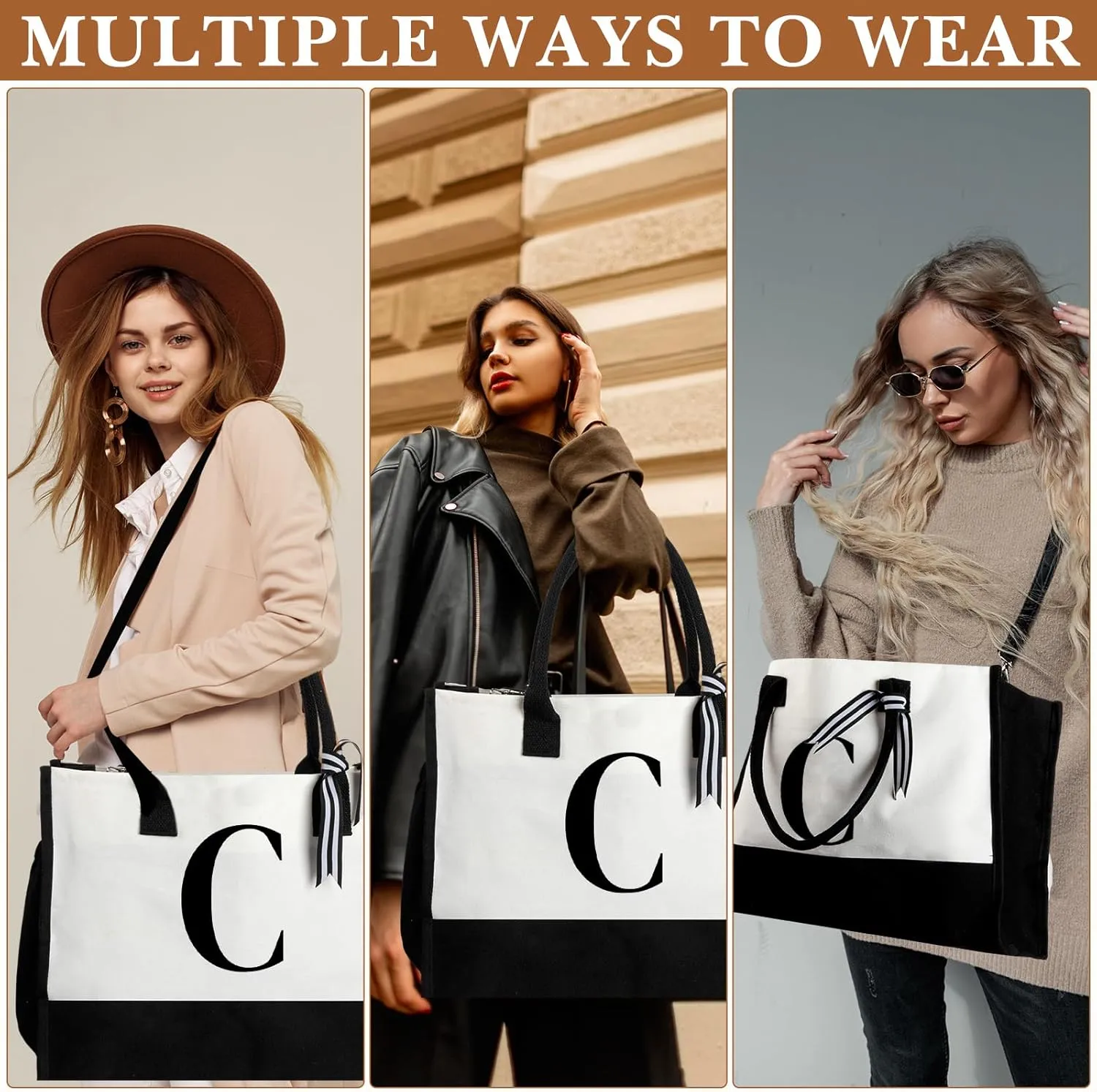Aliceset Initial Gifts for Women Canvas Tote Bag Mother's Day Gift Shoulder Strap Pouch Makeup Bag Glass Cups for Employee(Letter C)