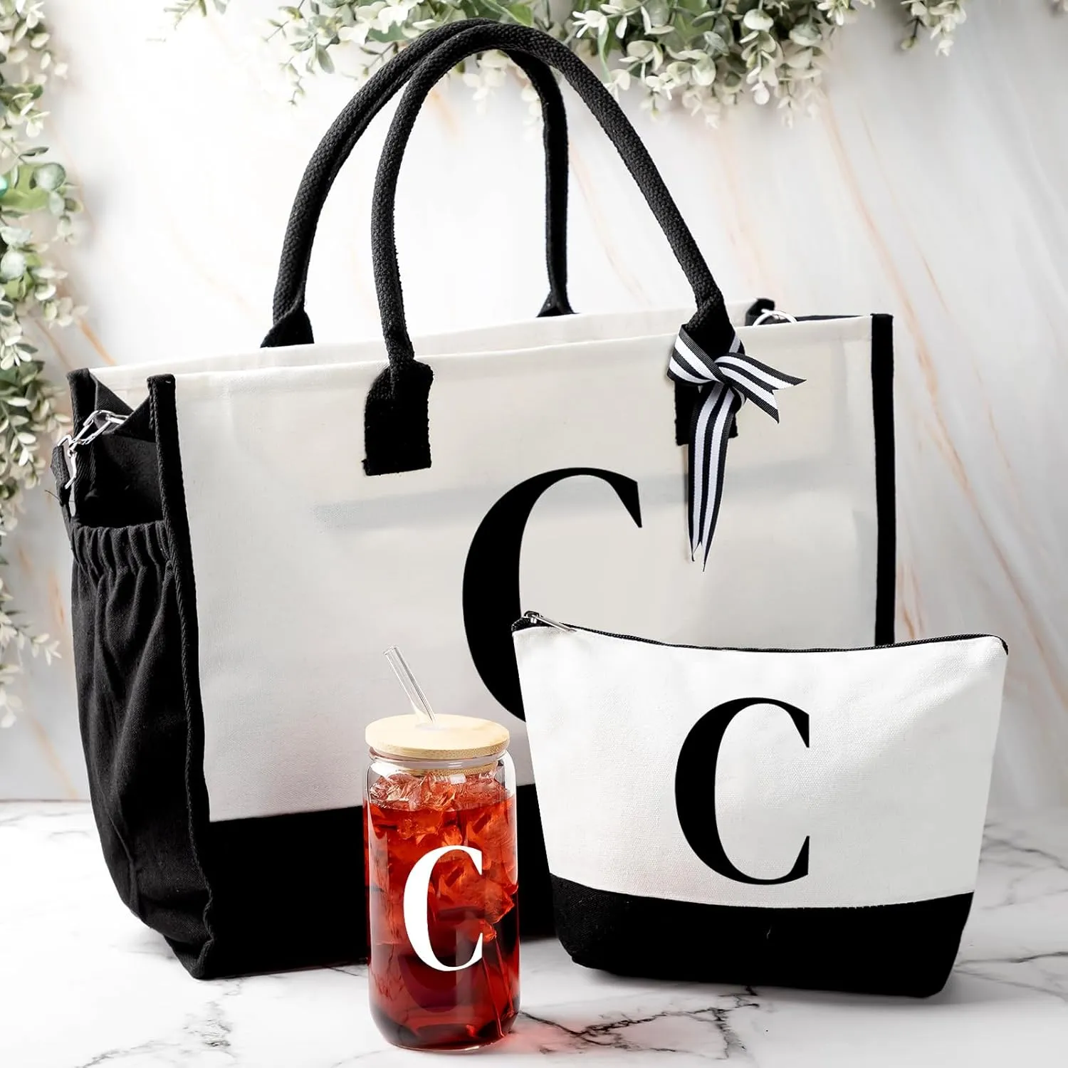 Aliceset Initial Gifts for Women Canvas Tote Bag Mother's Day Gift Shoulder Strap Pouch Makeup Bag Glass Cups for Employee(Letter C)