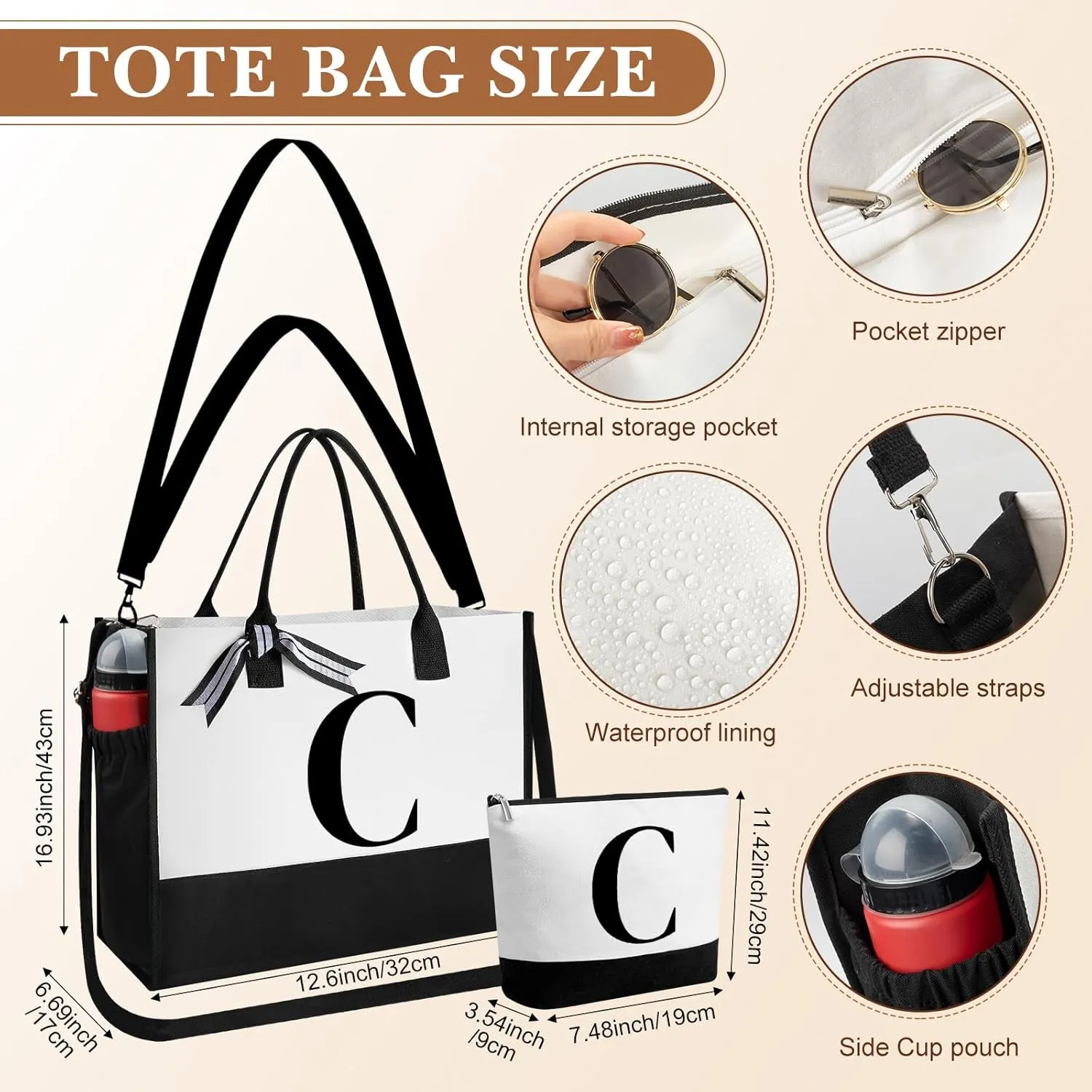Aliceset Initial Gifts for Women Canvas Tote Bag Mother's Day Gift Shoulder Strap Pouch Makeup Bag Glass Cups for Employee(Letter C)