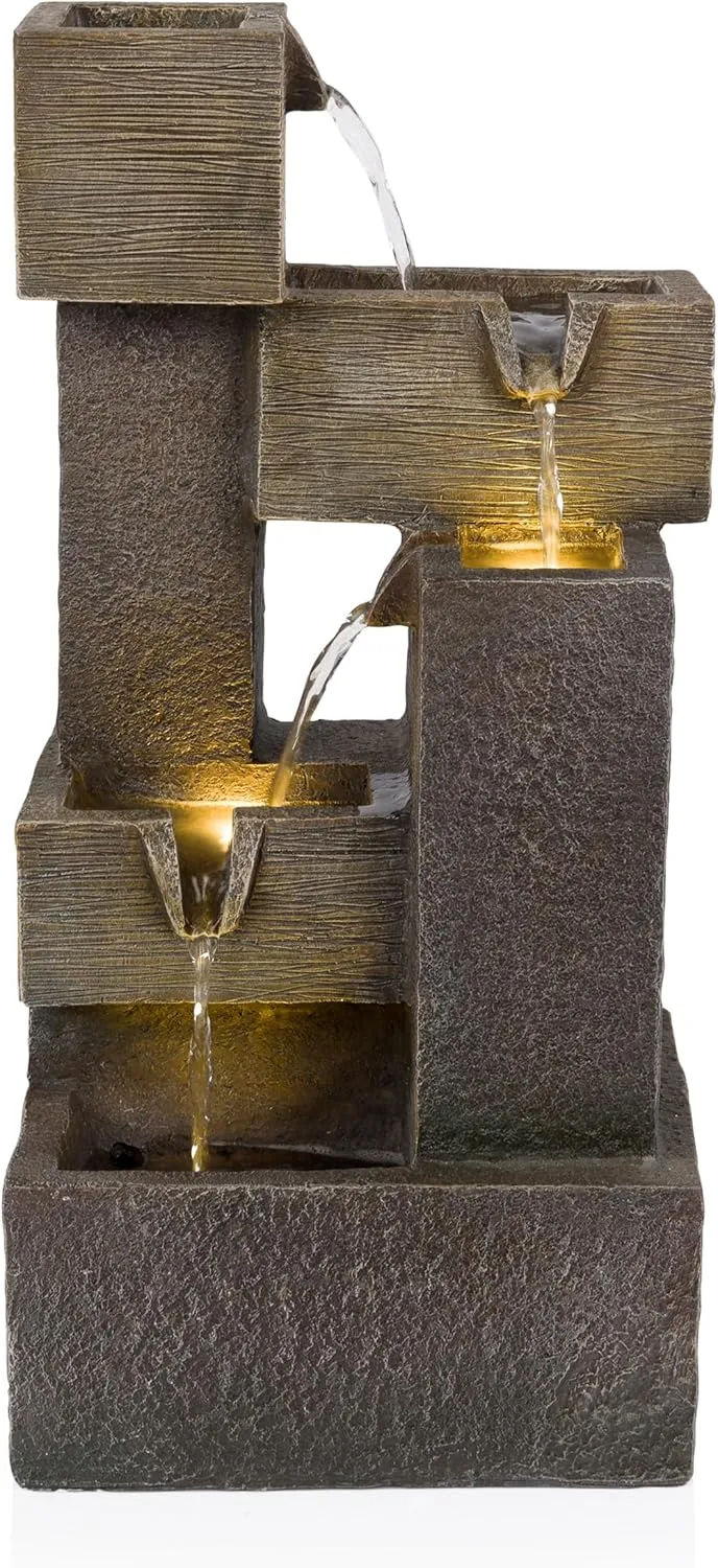 Alpine Corporation ZDQ110 19" Indoor/Outdoor Multi-Tier Water Fountain with LED Lights – Cascading Waterfall Feature for Gardens, Patios, Yards, and Home Décor, Gray