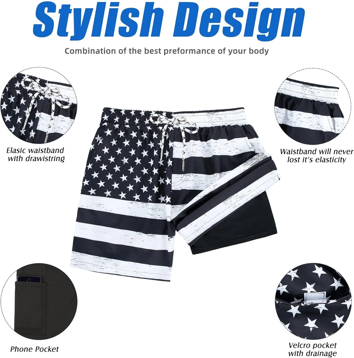 American Trends Men's Swim Trunks with Compression Liner Quick Dry Swimsuits Mens Bathing Suit Swimwear