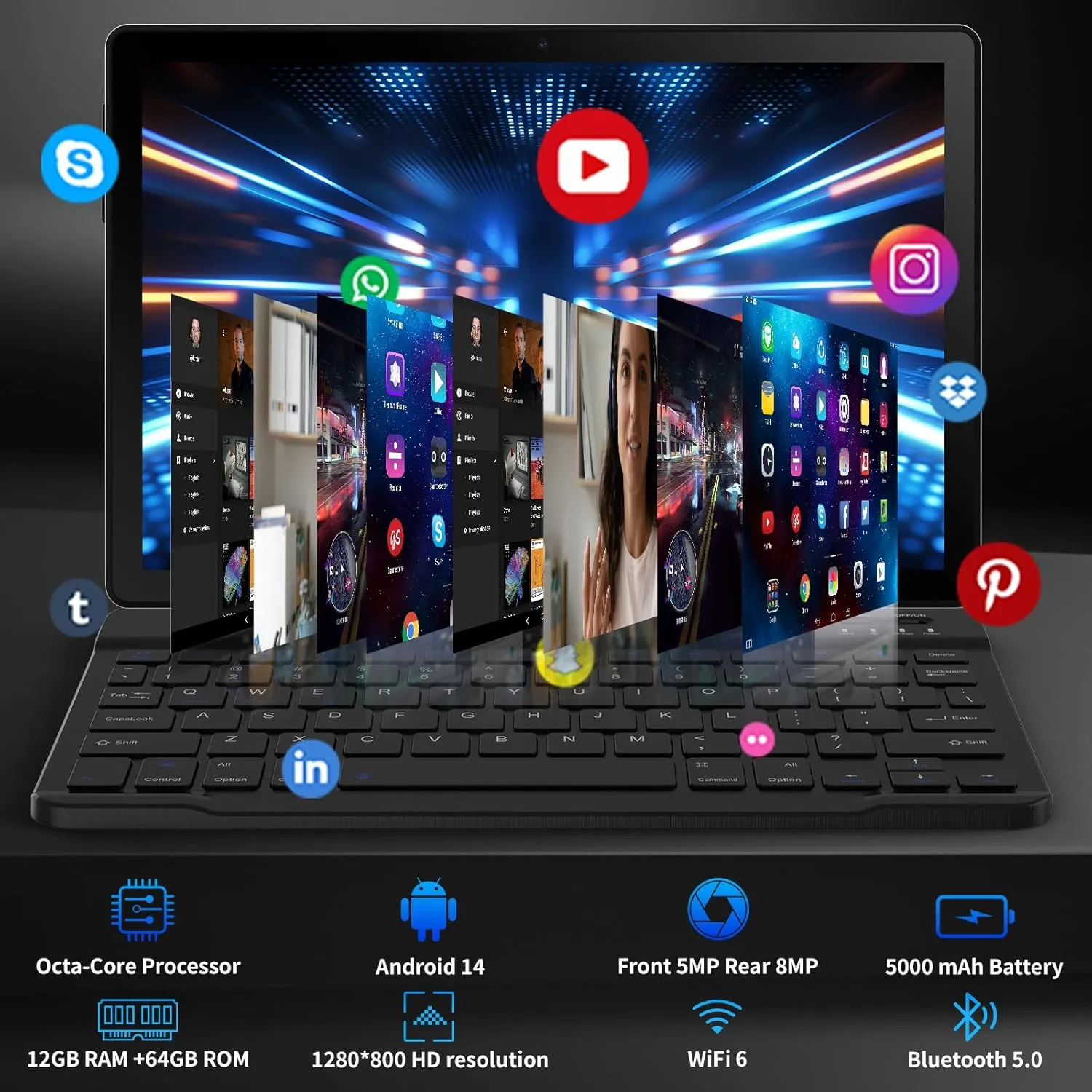 Android Tablet, 10.1 Inch Android 14 Tablet with 1280x800 IPS HD Touch Screen, Dual Camera, 64GB Storage 1TB Expansion, 8 in 1 Tablets Kit with Keyboard, Protective Case, Mouse, Stylus, BT 5.0, WiFi 6