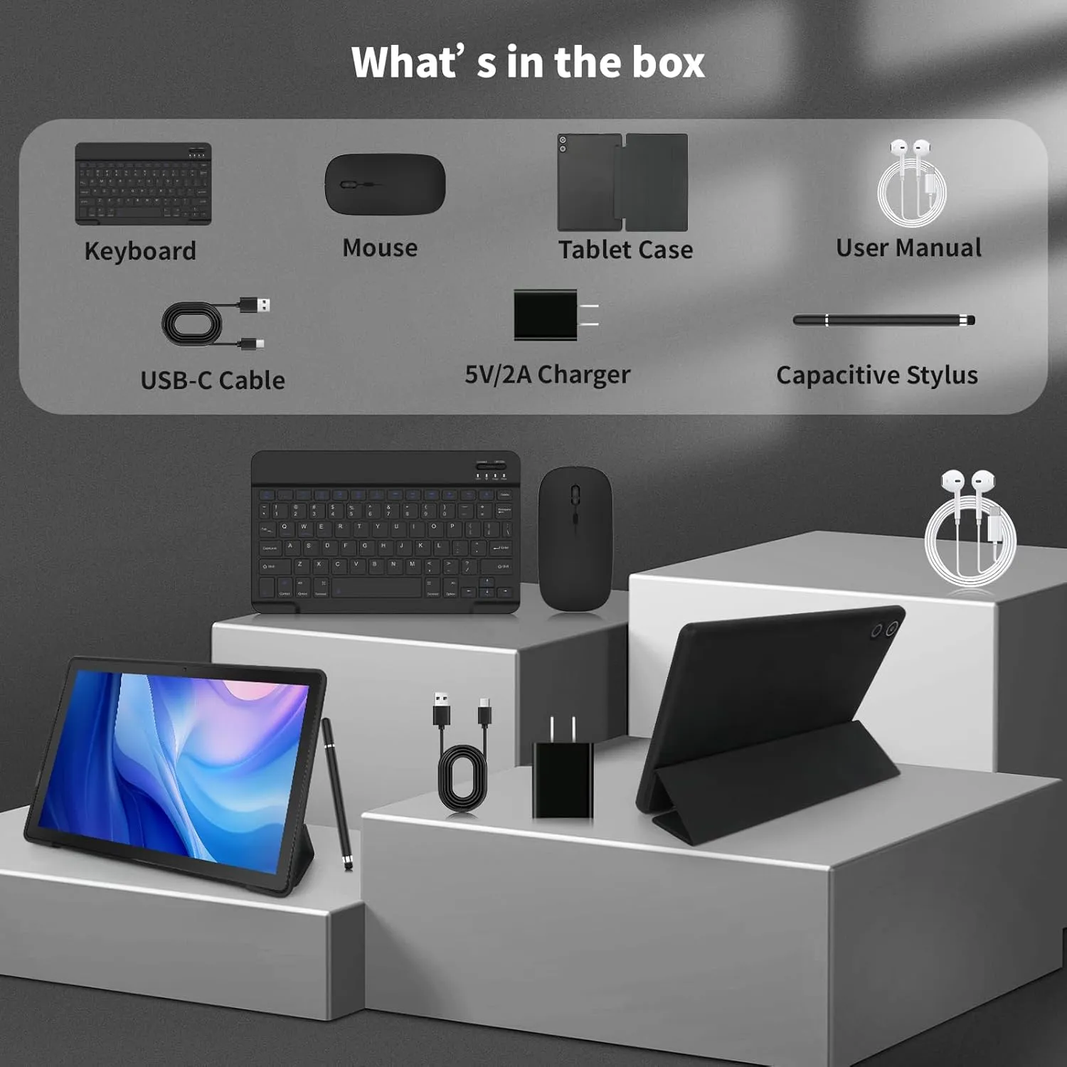 Android Tablet, 10.1 Inch Android 14 Tablet with 1280x800 IPS HD Touch Screen, Dual Camera, 64GB Storage 1TB Expansion, 8 in 1 Tablets Kit with Keyboard, Protective Case, Mouse, Stylus, BT 5.0, WiFi 6