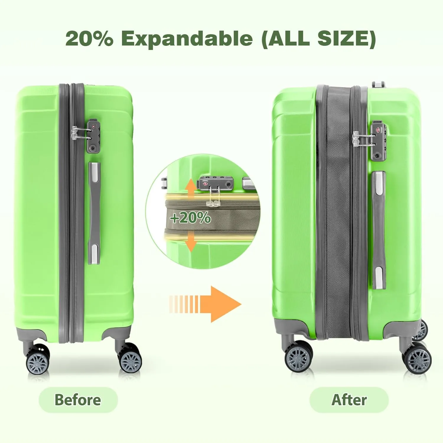 AnyZip Luggage Expandable PC ABS Durable Hardside Suitcase with Spinner Wheels TSA Lock Checked-Medium 24 Inch LightGreen