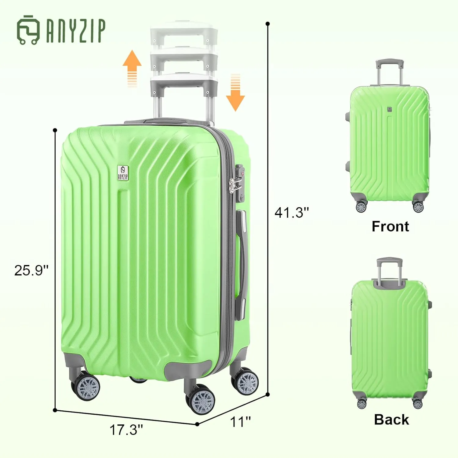AnyZip Luggage Expandable PC ABS Durable Hardside Suitcase with Spinner Wheels TSA Lock Checked-Medium 24 Inch LightGreen