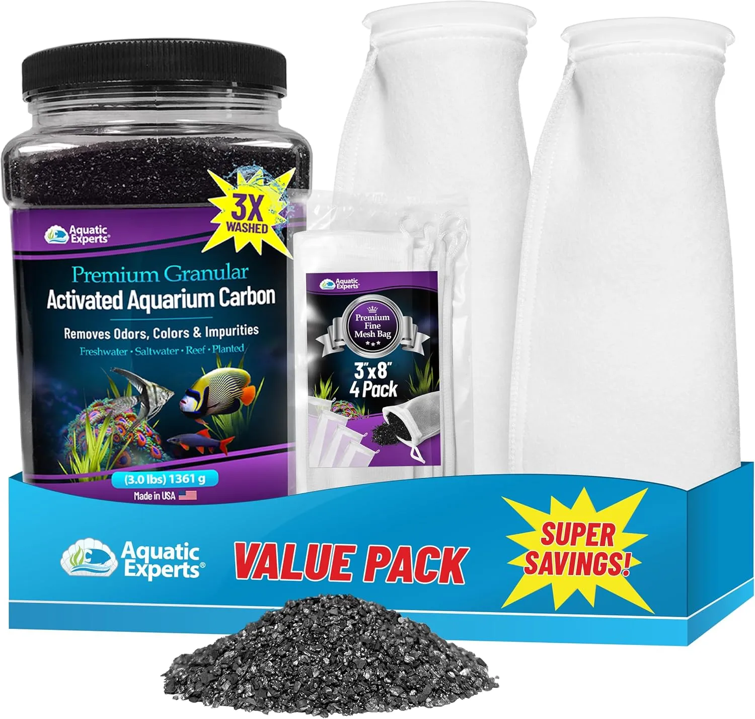 Aquatic Experts 2 Pack 4" Long 200 Micron   Premium Granular Activated Carbon 3.0   4-Pack Fine Mesh Bag 3"x8", Made in USA (Value Pack)