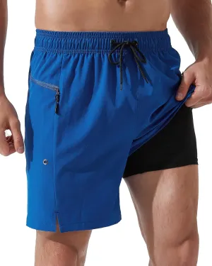 Arcweg Mens Swim Trunks with Compression Liner 7 Inch Quick Dry Beach Swimming Trunks 2 in 1 Swim Shorts with Zipper Pockets
