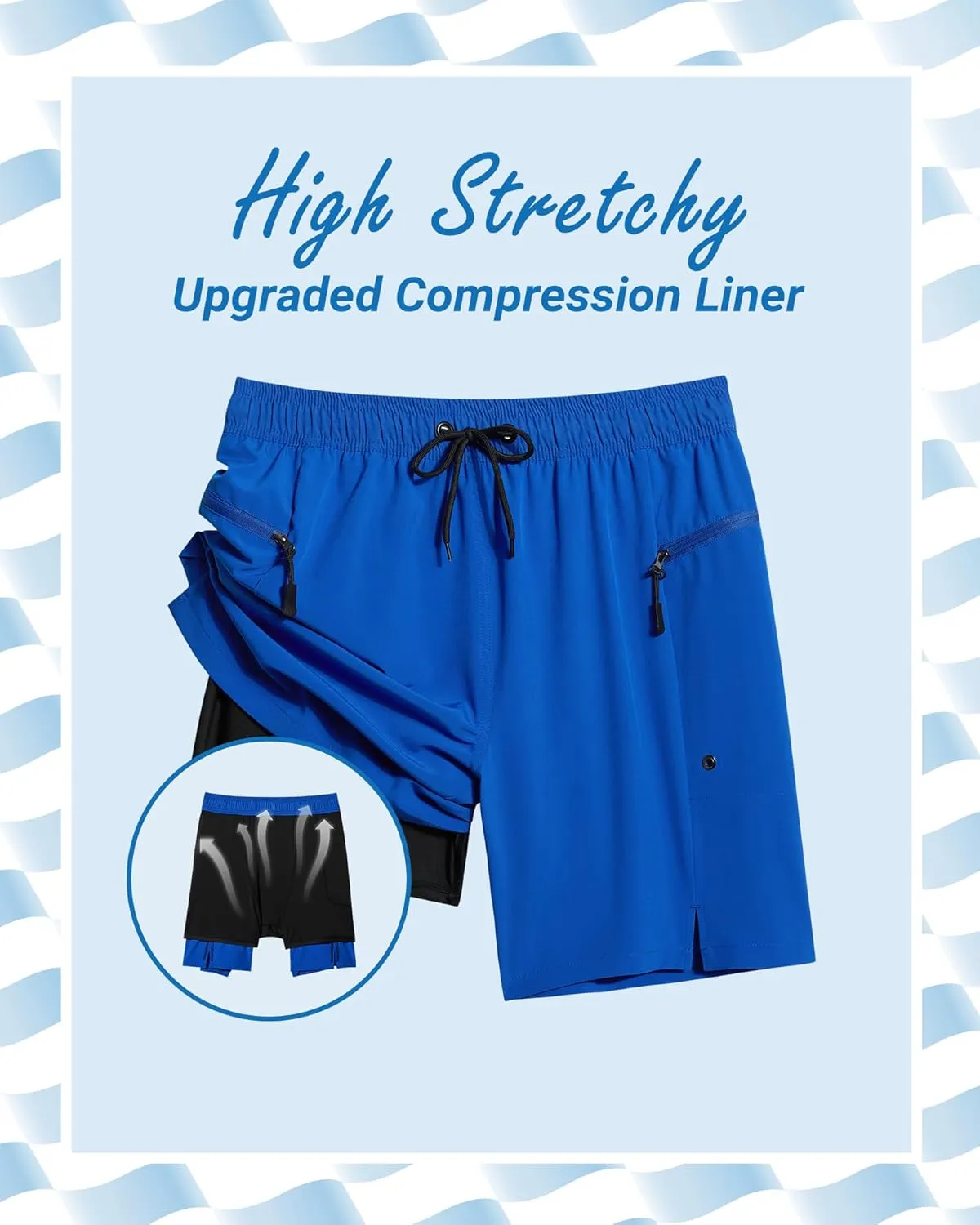 Arcweg Mens Swim Trunks with Compression Liner 7 Inch Quick Dry Beach Swimming Trunks 2 in 1 Swim Shorts with Zipper Pockets