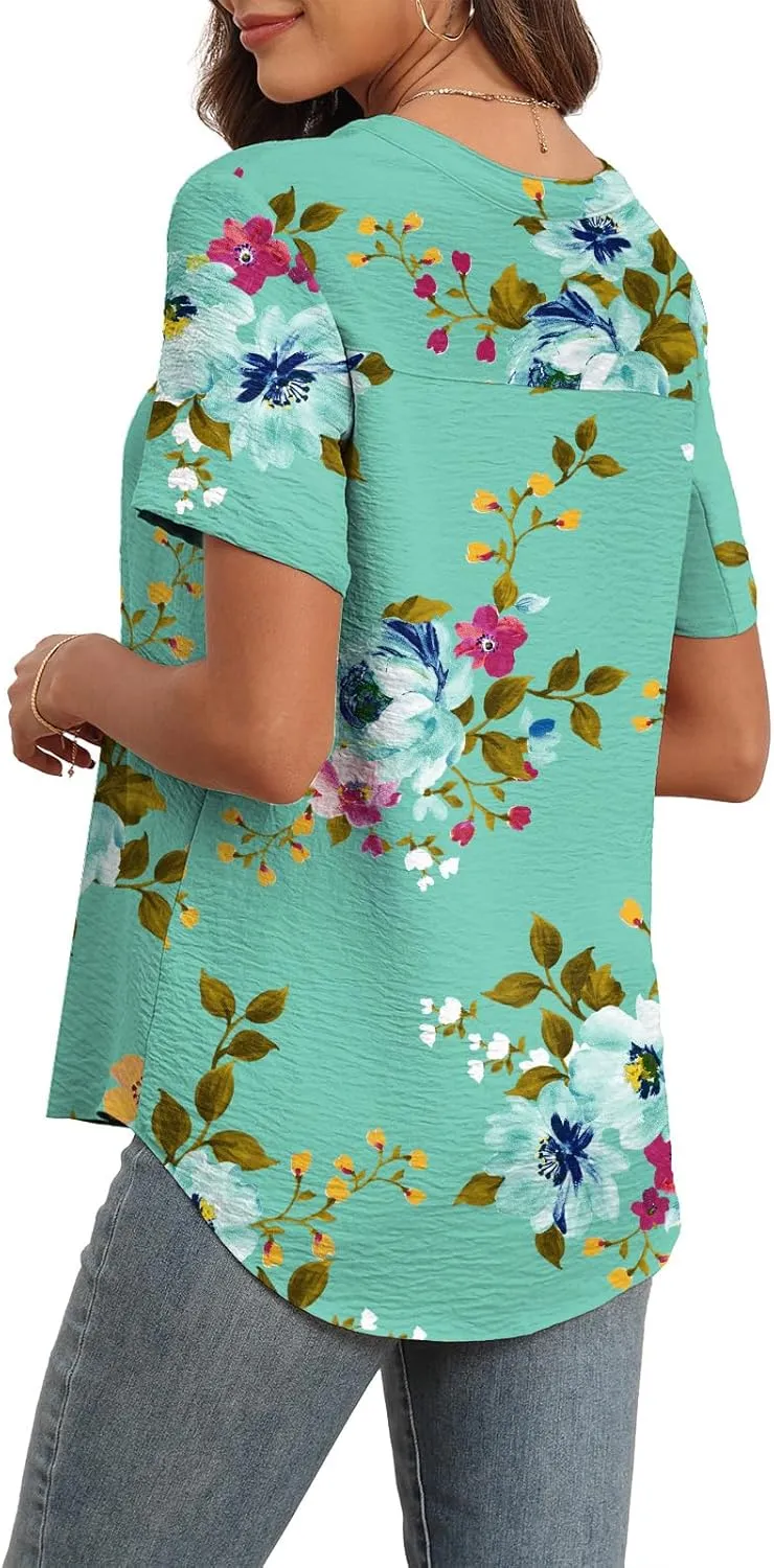 Askyes Women's 2025 Summer Chiffon Blouses Short Sleeve V Neck Tshirts Casual Loose Flowy Dressy Tops for Leggings Blouse