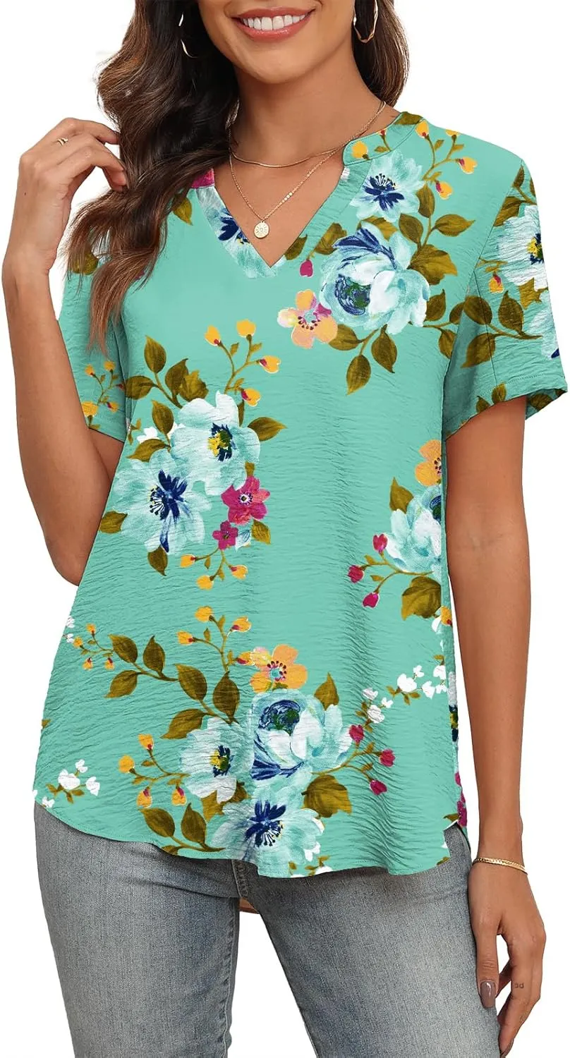 Askyes Women's 2025 Summer Chiffon Blouses Short Sleeve V Neck Tshirts Casual Loose Flowy Dressy Tops for Leggings Blouse
