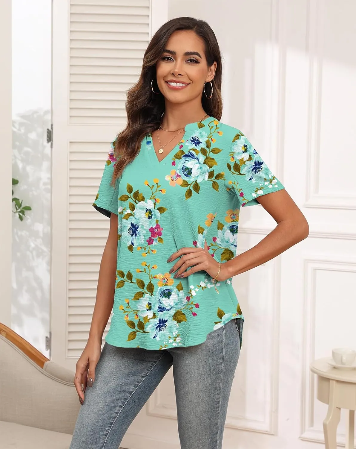 Askyes Women's 2025 Summer Chiffon Blouses Short Sleeve V Neck Tshirts Casual Loose Flowy Dressy Tops for Leggings Blouse
