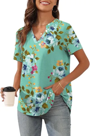 Askyes Women's 2025 Summer Chiffon Blouses Short Sleeve V Neck Tshirts Casual Loose Flowy Dressy Tops for Leggings Blouse