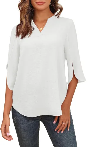 Askyes Women's 2025 Summer Chiffon Blouses Short Sleeve V Neck Tshirts Loose Casual Flowy Dressy Tops for Leggings Blouse