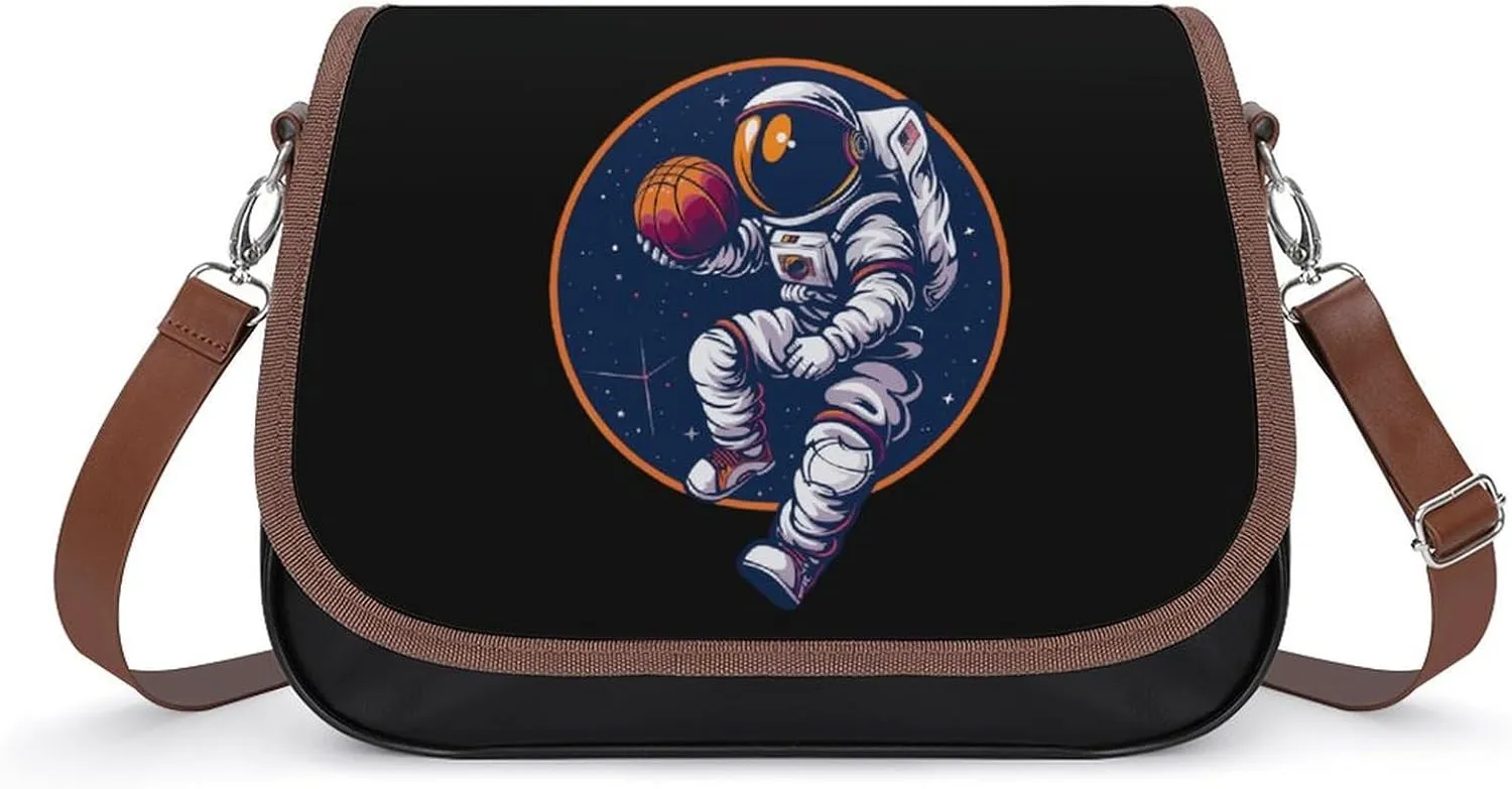 Astronaut Slam Dunk Basketball Space Women's Crossbody Bag Leather Tote Bag Shoulder Bag Handbag for Office Travel