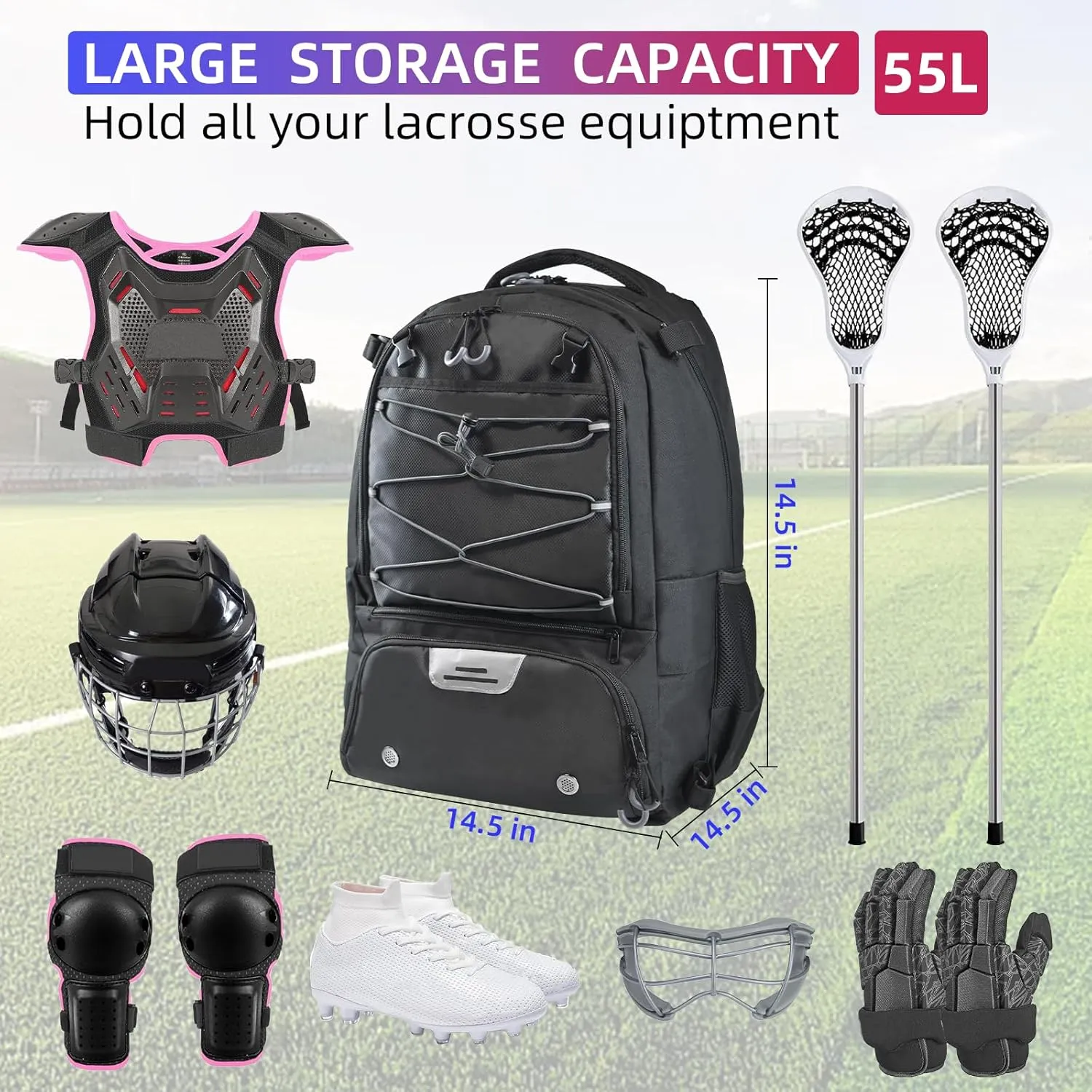 AUMTISC Lacrosse Bag Backpack Extra Large, with 2 Stick Holder, Separate Shoes Cleats Compartment, and Hidden Zipper Net Holds for Helmet, Holds All Lacrosse Equipment or Field Hockey Gear