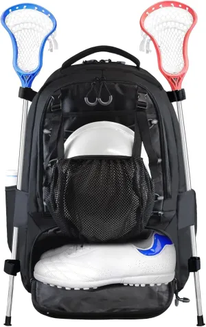 AUMTISC Lacrosse Bag Backpack Extra Large, with 2 Stick Holder, Separate Shoes Cleats Compartment, and Hidden Zipper Net Holds for Helmet, Holds All Lacrosse Equipment or Field Hockey Gear