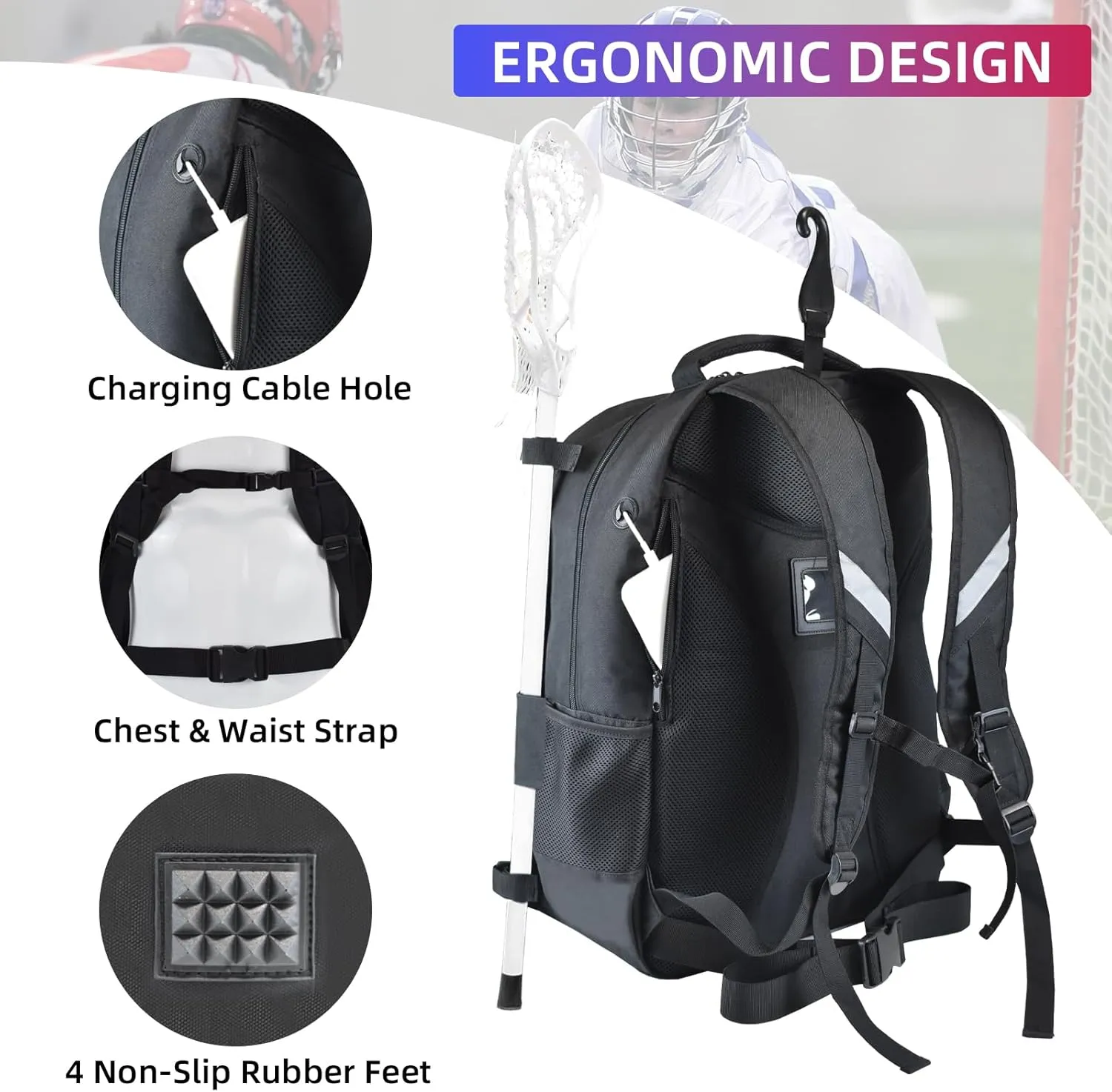 AUMTISC Lacrosse Bag Backpack Extra Large, with 2 Stick Holder, Separate Shoes Cleats Compartment, and Hidden Zipper Net Holds for Helmet, Holds All Lacrosse Equipment or Field Hockey Gear