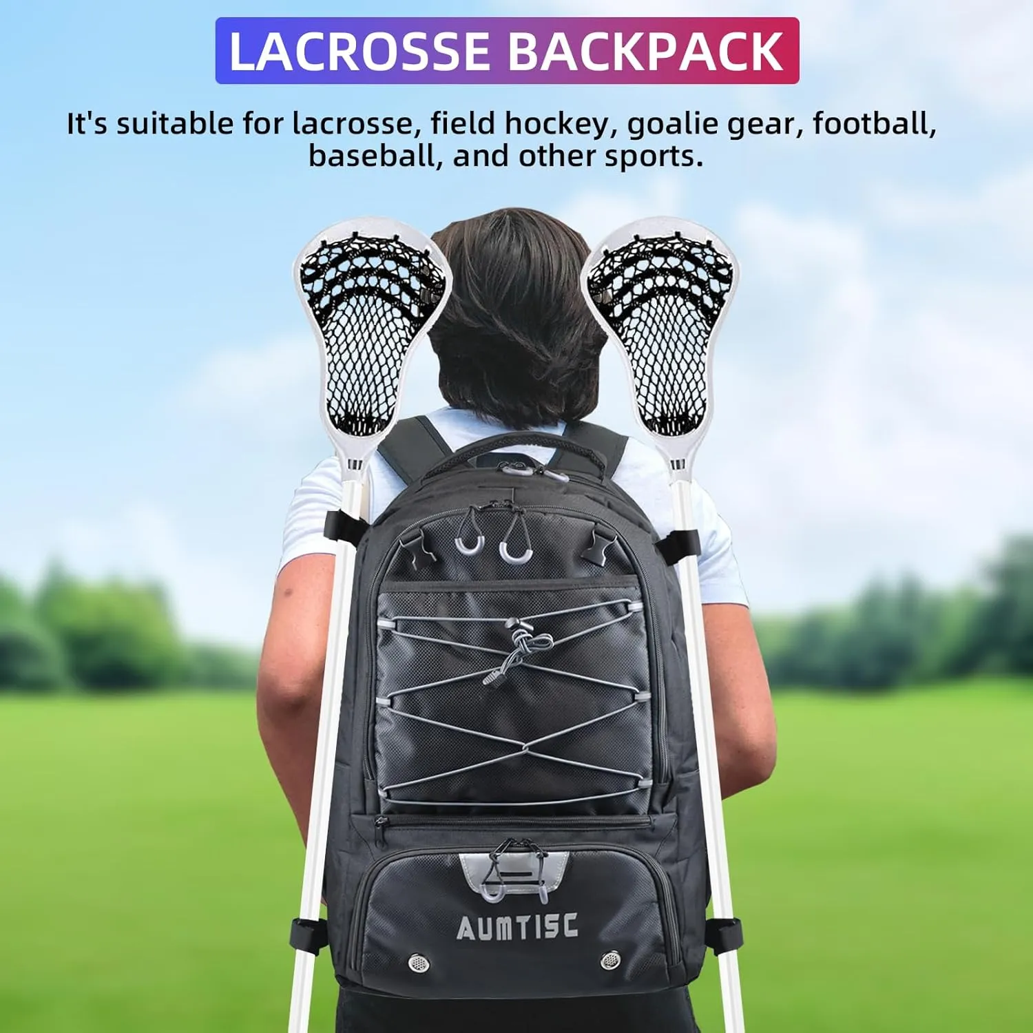 AUMTISC Lacrosse Bag Backpack Extra Large, with 2 Stick Holder, Separate Shoes Cleats Compartment, and Hidden Zipper Net Holds for Helmet, Holds All Lacrosse Equipment or Field Hockey Gear