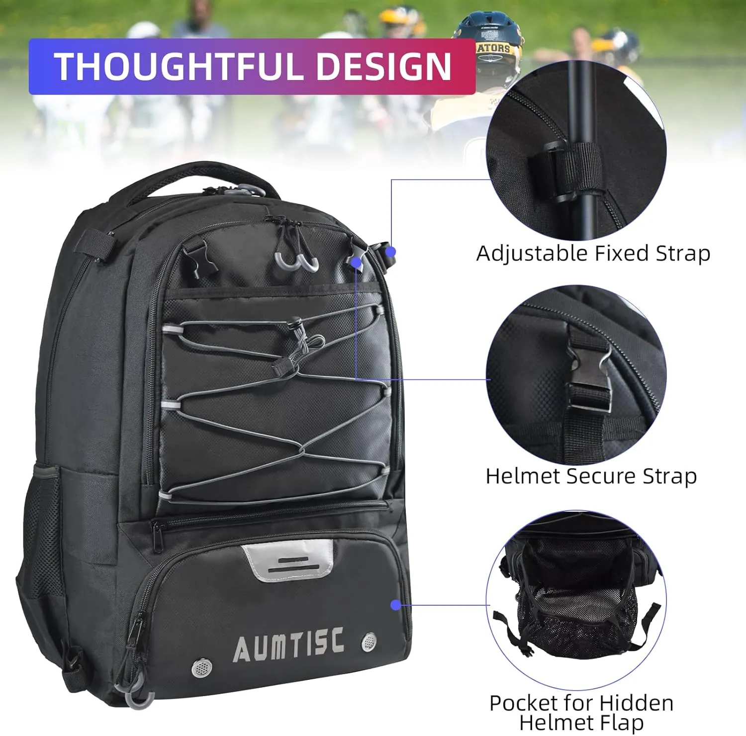 AUMTISC Lacrosse Bag Backpack Extra Large, with 2 Stick Holder, Separate Shoes Cleats Compartment, and Hidden Zipper Net Holds for Helmet, Holds All Lacrosse Equipment or Field Hockey Gear