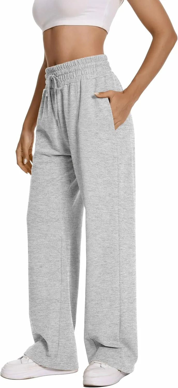 Auriviz Womens High Waisted Drawstring Sweatpants Straight Leg Pants Side Hidden Pockets Sweat Pants 30‘’ Inseam