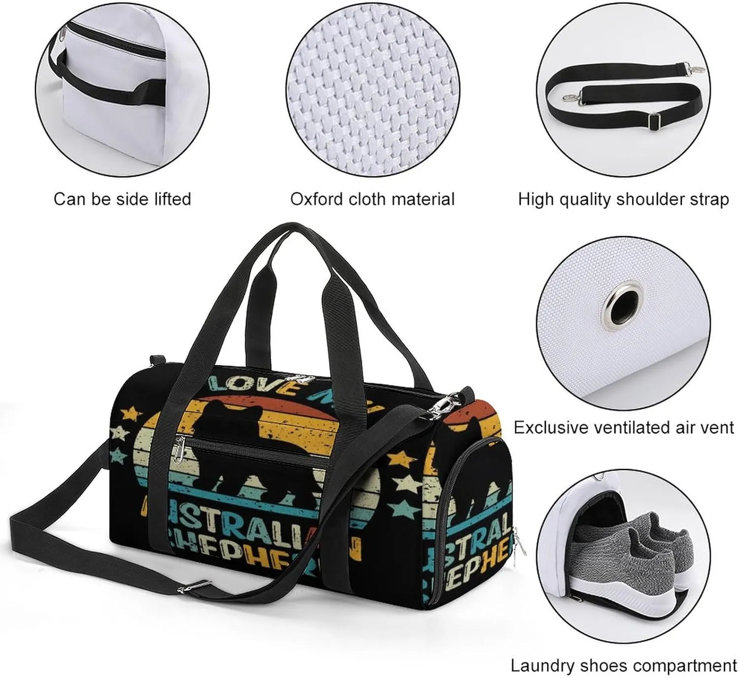 Australian Shepherd Pattern Sports Tote Gym Bag for Women Men, Overnight Bag with Shoe Compartment Water Resistant