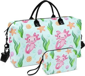 Axolotl Seaweed Starfish Lightblue Sports Gym Bag for Women Men Travel Duffel Bag Weekend Overnight Carry on Bag with Toiletry Bag Air Travel Bag for Plane Hospital Workout Swimming Yoga