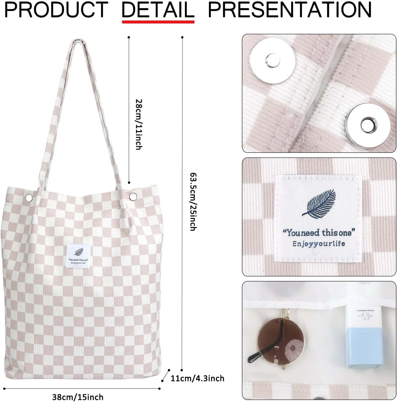 Ayieyill Corduroy Tote Bag for Women Canvas Shoulder Cord Purse with Inner Pocket
